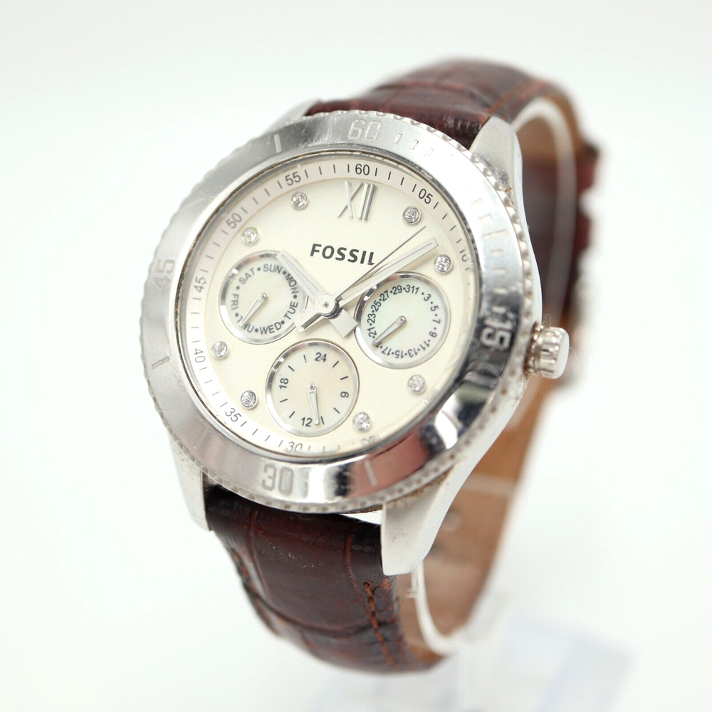 Fossil Stella Silver Tone Watch 38mm MOP Multifunction Brown Leather ES3103